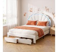 Lit bébé INONEFT, lit matelassé 140x200 cm avec éclairage LED, lit double avec tête de lit en forme de fleur et sommier à lattes, lit pour adolescents avec tiroir, en velours, de couleur blanche