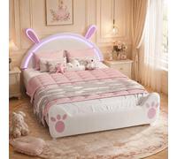 Lit bébé INONEFT, lit matelassé 140x200 cm avec LED, lit double pour adolescents avec sommier à lattes, velours rose, forme de lapin, lit de princesse pour filles, lit multifonctionnel