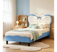 Lit bébé INONEFT, lit matelassé 90x200 cm avec lampe de lecture, lit simple avec repose-tête réglable et sommier à lattes, lit pour adolescents, unisexe, en velours, couleur bleue