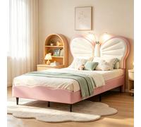 Lit bébé INONEFT, lit rembourré 90x200 cm avec lampe de lecture, lit simple avec repose-tête réglable et sommier à lattes, lit pour adolescents, pour garçons et filles, en velours, couleur rose
