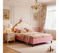 Lit bébé INONEFT, lit rembourré 90x200 cm, lit simple pour enfant avec éclairage LED, lit pour adolescent fille avec repose-tête réglable, design inspiré des couronnes, en velours rose