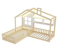 Lit bébé - Lit 90 x 200 cm - Étagères de fenêtre - Barre lumineuse LED - Barrière de sécurité - Sommier à lattes - Bois massif et MDF - Finition bois