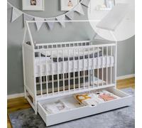 Lit bébé, lit d'appoint, lit pour enfant 60x120 cm avec tiroir et matelas. Lit cabane pour bébé 120x60 cm, blanc, avec tiroir, réglable en hauteur et transformable. Adapté de la naissance jusqu'à 3 an