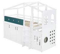Lit bébé - Lit de maison à demi-hauteur en bois - 90 x 200 cm - Zone de jeu - Armoire - Échelle - Gain de place - Matelas non inclus