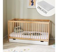 Lit bébé lit d'enfant lit à barreaux 60x120 cm avec matelas et tiroir réglable en hauteur & barreaux amovibles | Bois de hêtre naturel Europe