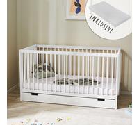 Lit bébé lit d'enfant lit à barreaux 60x120 cm avec matelas et tiroir réglable en hauteur & barreaux amovibles | Bois de hêtre blanc Europe