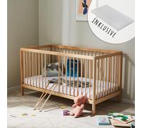 Lit bébé lit d'enfant lit à barreaux réglable en hauteur & barreaux amovibles bois de hêtre très stable, avec matelas, naturel, 60x120 cm