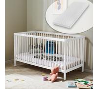 Lit bébé lit d'enfant lit à barreaux réglable en hauteur & barreaux amovibles bois de hêtre très stable, avec matelas, blanc, 60x120 cm