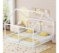 Lit bébé, lit double, lit simple, 90x200 cm pour 2 enfants, lit cabane en bois avec toit et barrières de sécurité, lit plat, convertible en canapé, structure de lit avec sommier à lattes, blanc (sans