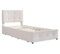 Lit bébé - Lit matelassé 90x200 cm - Structure en bois avec sommier à lattes - Doté de 2 tiroirs de rangement - Revêtement en lin matelassé - Beige - Sans matelas