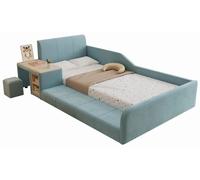 Lit bébé - Lit simple 90 x 200 cm - Bureau et tabouret - Étagère - Revêtement en velours - Tête de lit rembourrée - Bleu et neutre
