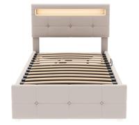 Lit bébé - Lit simple 90 x 200 cm - Revêtement en velours - Éclairage LED - Rangement avec système hydraulique - Repose-tête réglable en hauteur - Beige