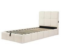 Lit bébé - Lit simple avec rangement - Velours beige - Coffre de lit à mécanisme hydraulique - Sommier à lattes - Tête de lit rembourrée - 90 x 200 cm