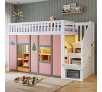 Lit bébé - Lit superposé à demi-hauteur - 90 x 200 cm - Espace de rangement - Escalier - Éclairage LED - Barrières de sécurité - Blanc et rose