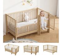 Lit bébé Merax 140 x 70 cm, lit d'enfant multifonctionnel en bois massif, transformable en lit d'appoint, avec barrières de sécurité, fermeture de sécurité, finition naturelle