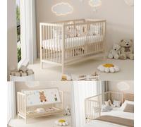 Lit bébé Merax 60 x 140 cm, lit à barreaux réglable en hauteur, barrière de sécurité, support pour tableau de dessin, convertible en lit d'appoint ou en bureau, couleur naturelle