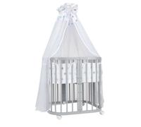 Lit bébé Waldin 7 en 1 avec matelas, lit pour enfant évolutif, tissu à motifs d'étoiles bleus, structure en bois gris