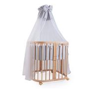 Lit bébé Waldin 7 en 1 avec matelas, lit pour enfant évolutif, tissu gris, bois naturel
