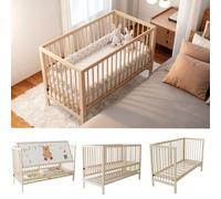 Lit bébé multifonction 4 en 1 120 x 60 cm en pin, lit d'appoint réglable en hauteur, transformable en bureau et en chevalet, bois naturel, CE