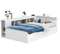Lit bébé multifonctionnel, lit simple 90 x 200 cm - Structure en bois - Tiroirs - Étagère à livres - Armoire de rangement - Grand coffre de lit - Sans matelas - Blanc