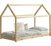 Lit bébé Netstal, lit de maison, lit à châssis bas en bois de pin pour chambre d'enfant, avec sommier à lattes, sans matelas, dimensions 90 x 200 cm, finition bois naturel