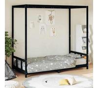 Lit bébé noir en bois massif de pin, dimensions 90x200 cm, avec sommier à lattes, lit-cabane bas pour enfants à partir de 4 ans, design avec auvent pour rideaux et un sommeil paisible
