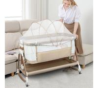 Lit Bébé Parapluie Réglable en Hauteur et Inclinaison, Berceau avec Matelas Amovible, Cododo pour Les Bébés de 0 à 36 Mois Pliable,4 roulettes, 4 vitesses -90 x 60 x 90-115 cm - Blanc cassé + Or