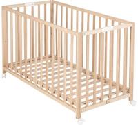 Lit Bébé Pliant, 60 x 120 cm, ROBA Fold Up, Roulettes, Bois Naturel