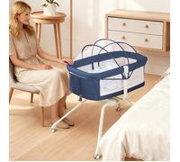 Lit bébé portable, Petit format avec roulettes, berceau mobile pour bébé, bleu marine.