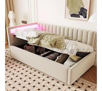 Lit bébé rembourré, 90x200 cm, convertible en canapé une place avec éclairage LED et espace de rangement hydraulique, canapé-lit avec dossier amovible et sommier à lattes, sans matelas, en velours, co