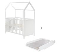 Lit bébé roba modèle "maison", 60 x 120 cm, avec table à langer intégrée et matelas, couleur gris "Style" - Ensemble comprenant un lit bébé et un lit d'appoint avec un design de maison, ainsi qu'une t