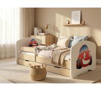 Lit bébé sécurisé « Happy » 140 x 70 cm, aspect bois | Lit complet avec tiroir et barrière de sécurité amovible, motif voiture,Reproduction poire claire