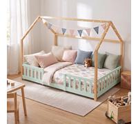 Lit bébé "Sisimiut" de style Montessori, design sobre pour s'intégrer à la maison, avec barrière de sécurité, en bois de pin, dimensions 120 x 200 cm, couleur vert menthe/naturel