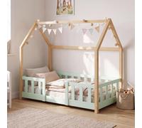 Lit bébé "Sisimiut" de style Montessori, design sobre pour s'intégrer à la maison, avec barrière de sécurité, en bois de pin, dimensions 70 x 140 cm, couleur vert menthe/bois naturel