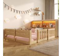 Lit bébé - Structure de lit 140 x 200 cm - Barrières de sécurité - Espace de rangement - Tête de lit rembourrée - Panneaux de particules et tissu doux - Couleurs naturelles