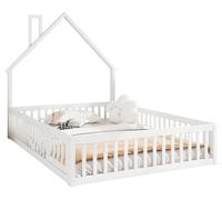 Lit bébé - Structure de lit en forme de maison - 140 x 200 cm - Blanc et bois de pin - Rembourré - Sommier à lattes - Espace de rangement