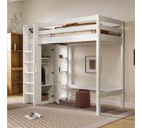 Lit bébé superposé 90x200 cm avec armoire, lit simple en hauteur avec espace de rangement, étagères et échelle, lit avec barrière de sécurité et sommier à lattes en bois, blanc, sans matelas
