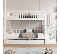 Lit bébé superposé 90x200 cm avec lit escamotable, lit en hauteur avec escalier et étagère de rangement, cabane-lit avec sommier en bois et barrières de sécurité pour 2 à 3 enfants, blanc, sans matela