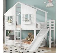 Lit bébé superposé 90x200, lit superposé en forme de maison avec toboggan, échelle, fenêtres, toit et boîte de rangement. Lit superposé double, lit en bois pour adolescents avec sommier à lattes et ba