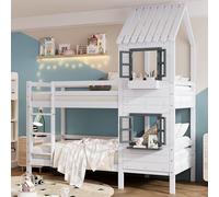 Lit bébé superposé 90x200, lit superposé pour 2 enfants, lit en forme de maison avec échelle et 2 fenêtres et toit, lit double, lit superposé pour adolescents, structure de lit avec sommier à lattes e
