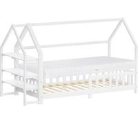 Lit bébé transformable en lit de maison, dimensions 90x200 cm, avec matelas (épaisseur 16 cm), barrière de sécurité, étagère, toit et sommier à lattes, couleur blanche. Structure en bois de pin. Lit M