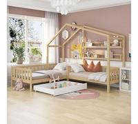 Lit bébé transformable en lit enfant, avec tiroirs et étagères, en bois massif, avec barrière de sécurité et sommier à lattes, structure en L, dimensions 90x200 cm et 140x70 cm, finition naturelle