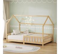 Lit bébé transformable en lit enfant, dimensions 120x200 cm, avec barrière de sécurité, auvent et sommier à lattes, couleur naturelle. Structure en bois massif de pin. Lit Montessori, lit pour enfants