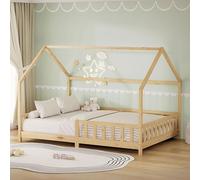 Lit bébé transformable en lit enfant, dimensions 140x200 cm, avec barrière de sécurité, auvent et sommier à lattes, couleur naturelle. Structure en bois massif de pin. Lit Montessori, lit en bois pour