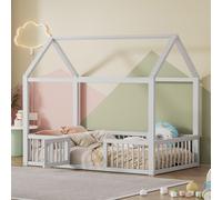 Lit bébé transformable en lit enfant, dimensions 90x200 cm, en bois massif de pin et MDF. Structure de lit stable avec barrière de sécurité et petite porte. Lit plat, idéal pour garçons et filles, de 