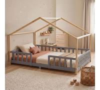 Lit bébé "Treviolo" au style maison, avec barrière de sécurité, en bois de pin, dimensions 120 x 200 cm, couleur gris clair / blanc