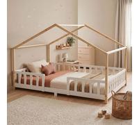 Lit bébé "Treviolo" au style maison, avec barrière de sécurité, en bois de pin, dimensions 140 x 200 cm, couleur blanc/naturel