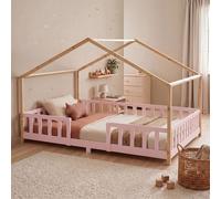 Lit bébé "Treviolo" au style maison, avec barrière de sécurité, en bois de pin, dimensions 140 x 200 cm, couleur rose/naturel