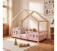 Lit bébé "Treviolo" au style maison, avec barrière de sécurité, en bois de pin, dimensions 70 x 140 cm, couleur rose/naturel
