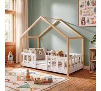 Lit bébé "Treviolo" au style maison, avec barrière de sécurité, en bois de pin, dimensions 70 x 140 cm, couleur blanc/naturel